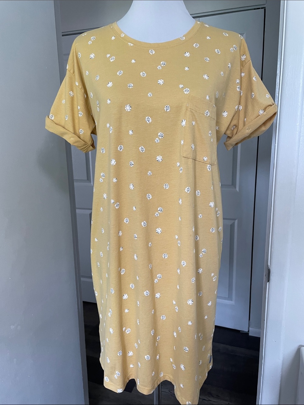 Eddie Bauer Mustard Yellow Floral Pocket Mini Dress Size Lg Soft Cotton Blend